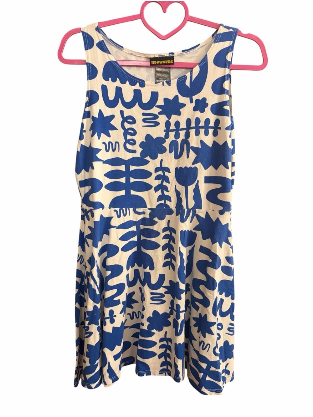 Nooworks Blue White Abstract Botanical Print Fit & Flare Dress Large
